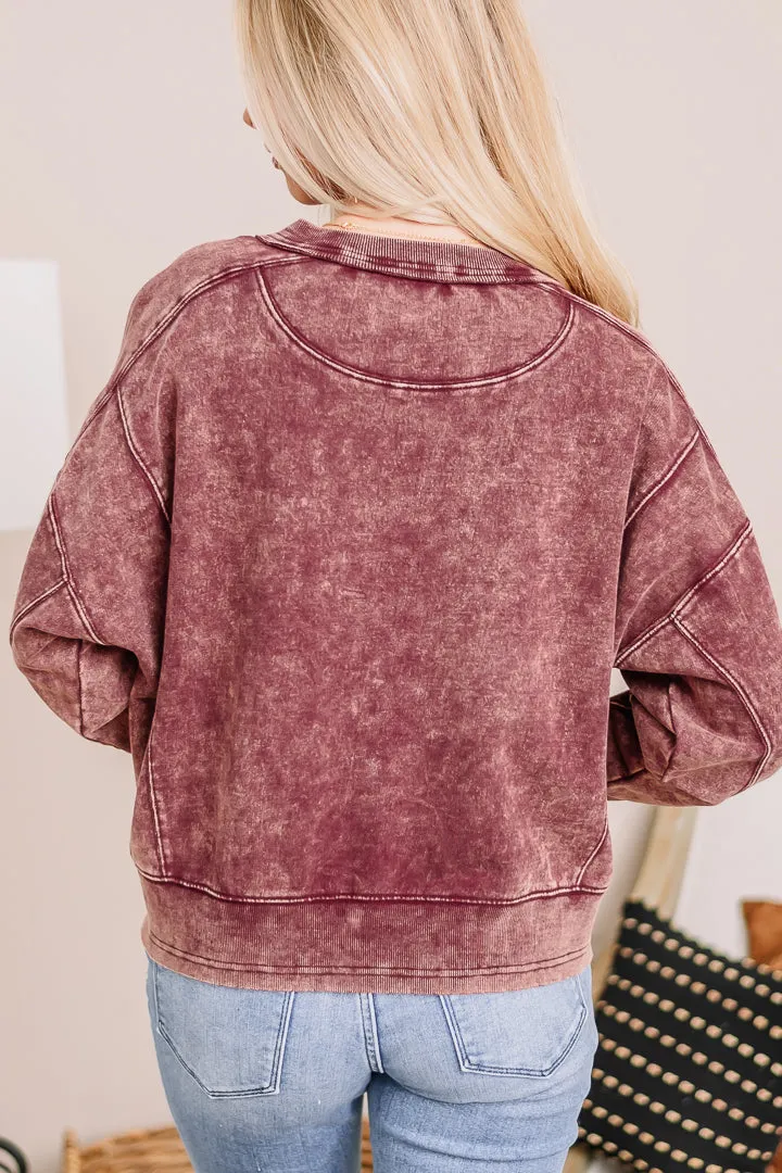 Drifting Dreams Acid Wash Pullover Top | Cabernet