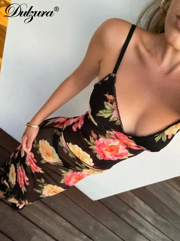 Dulzura Matching Suit 2024 Summer Women Sexy Bra Top Camisole Print Flower Maxi Dress See Through Y2K Club Vocation Co Ords Set