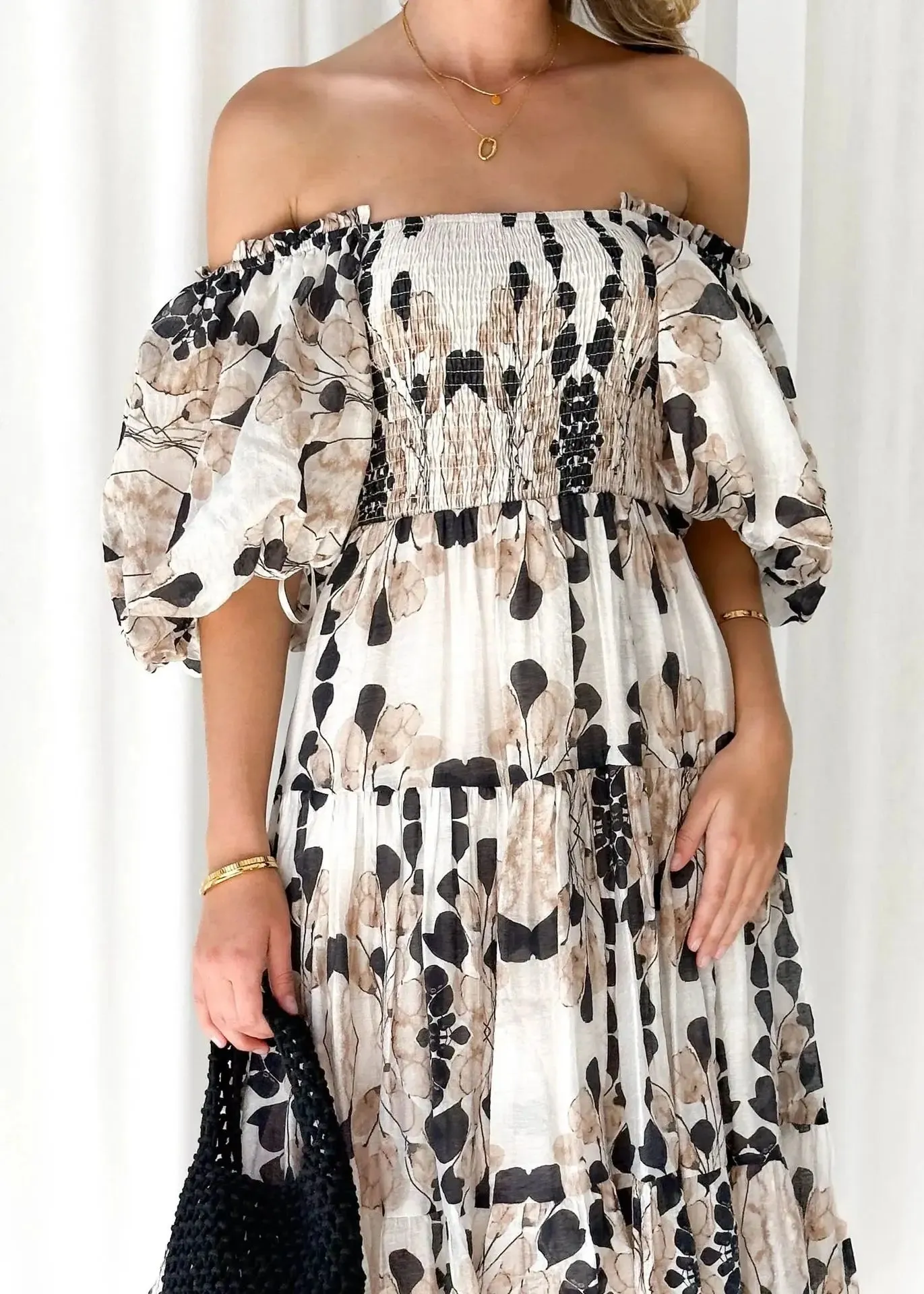 Elegant Printed Women Backless Slash Neck Maxi Dress