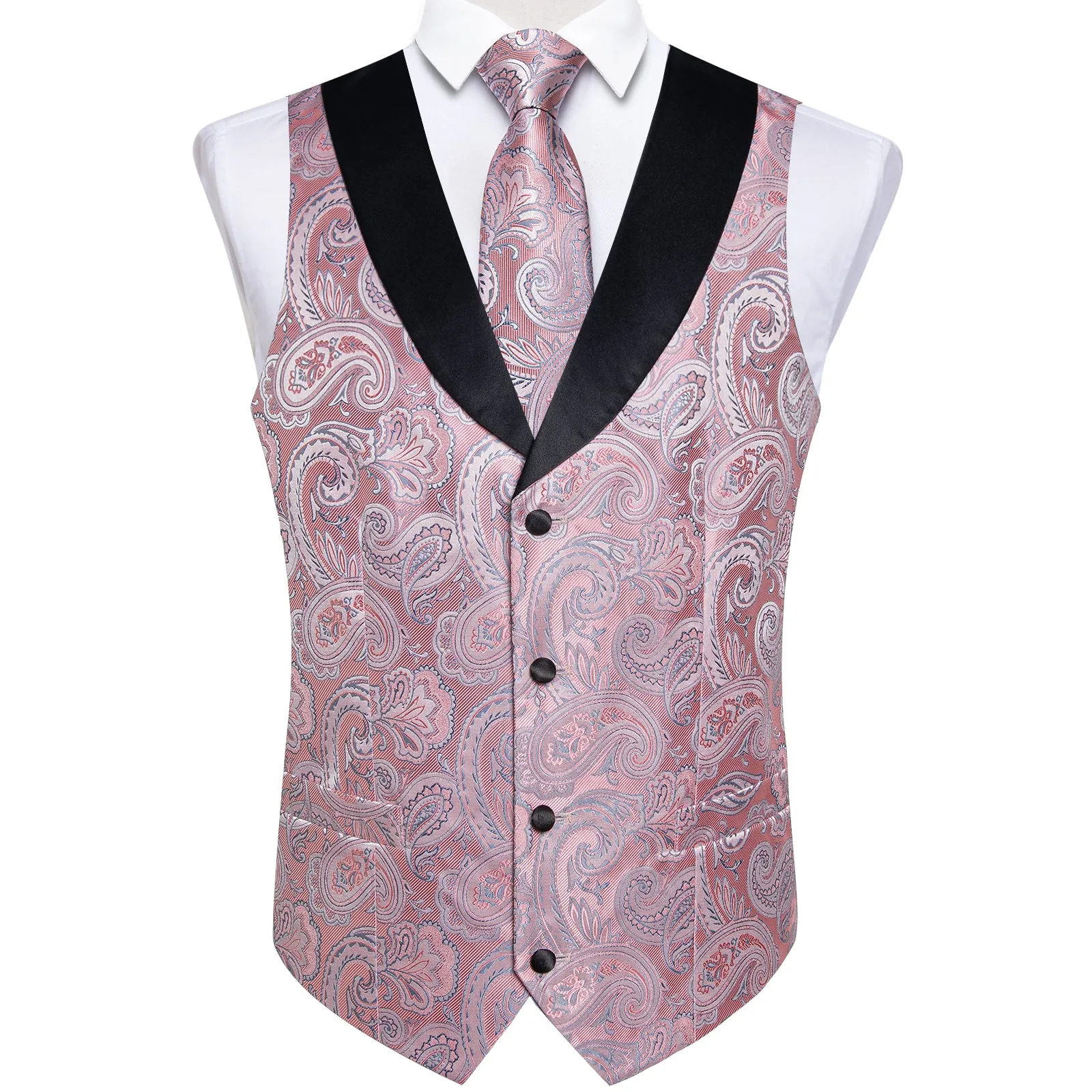 Fashion Black Collar Pink Paisley Jacquard Silk Men's Vest Hanky Cufflinks Tie Set