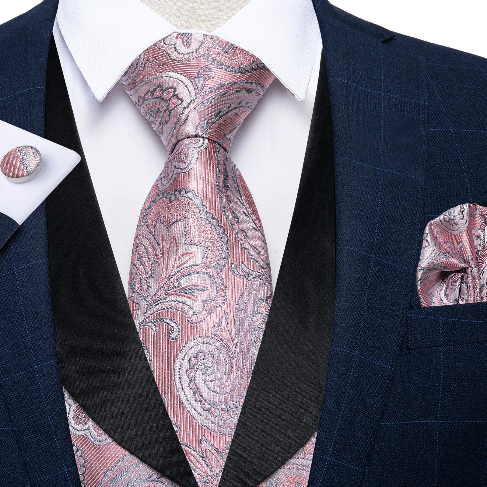 Fashion Black Collar Pink Paisley Jacquard Silk Men's Vest Hanky Cufflinks Tie Set