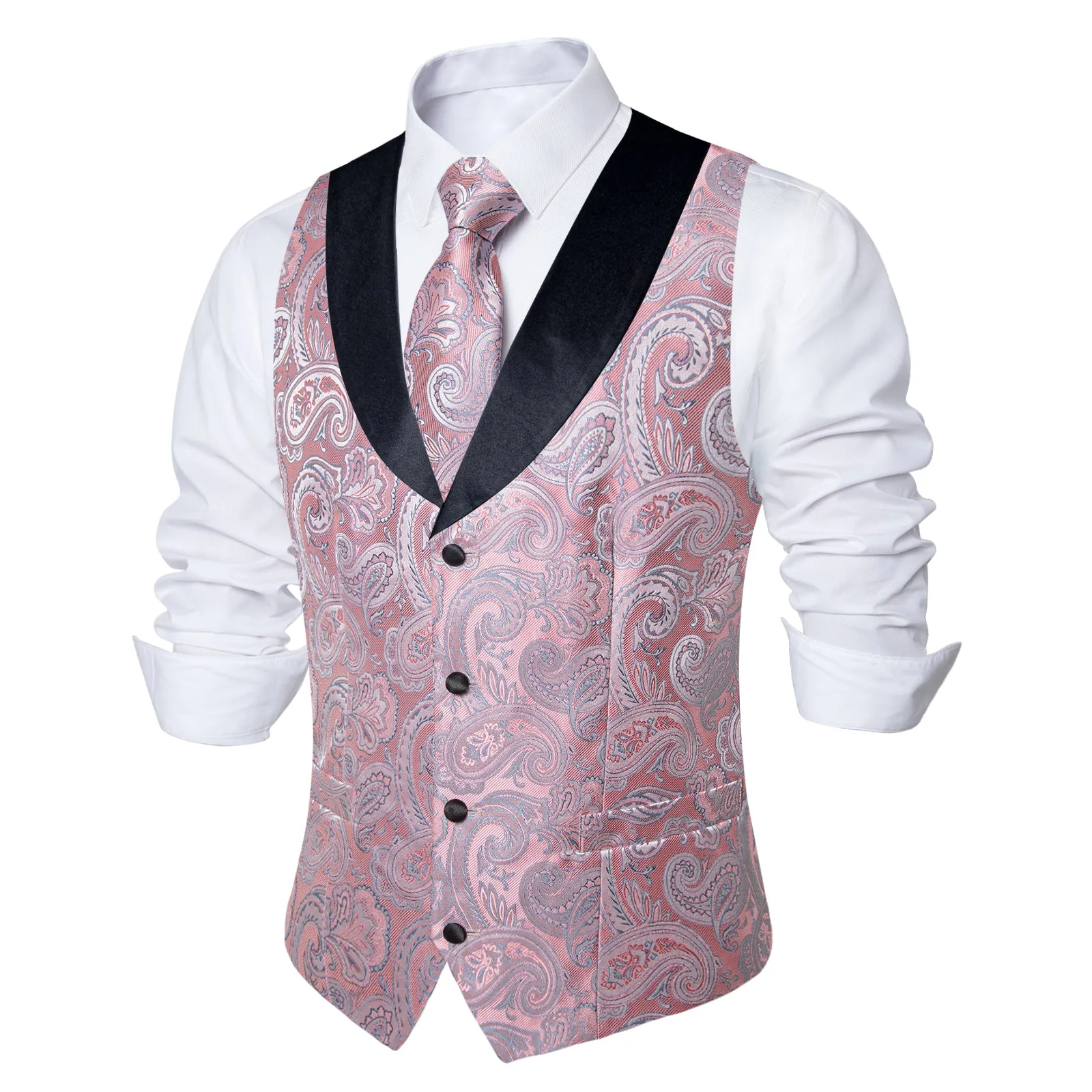 Fashion Black Collar Pink Paisley Jacquard Silk Men's Vest Hanky Cufflinks Tie Set