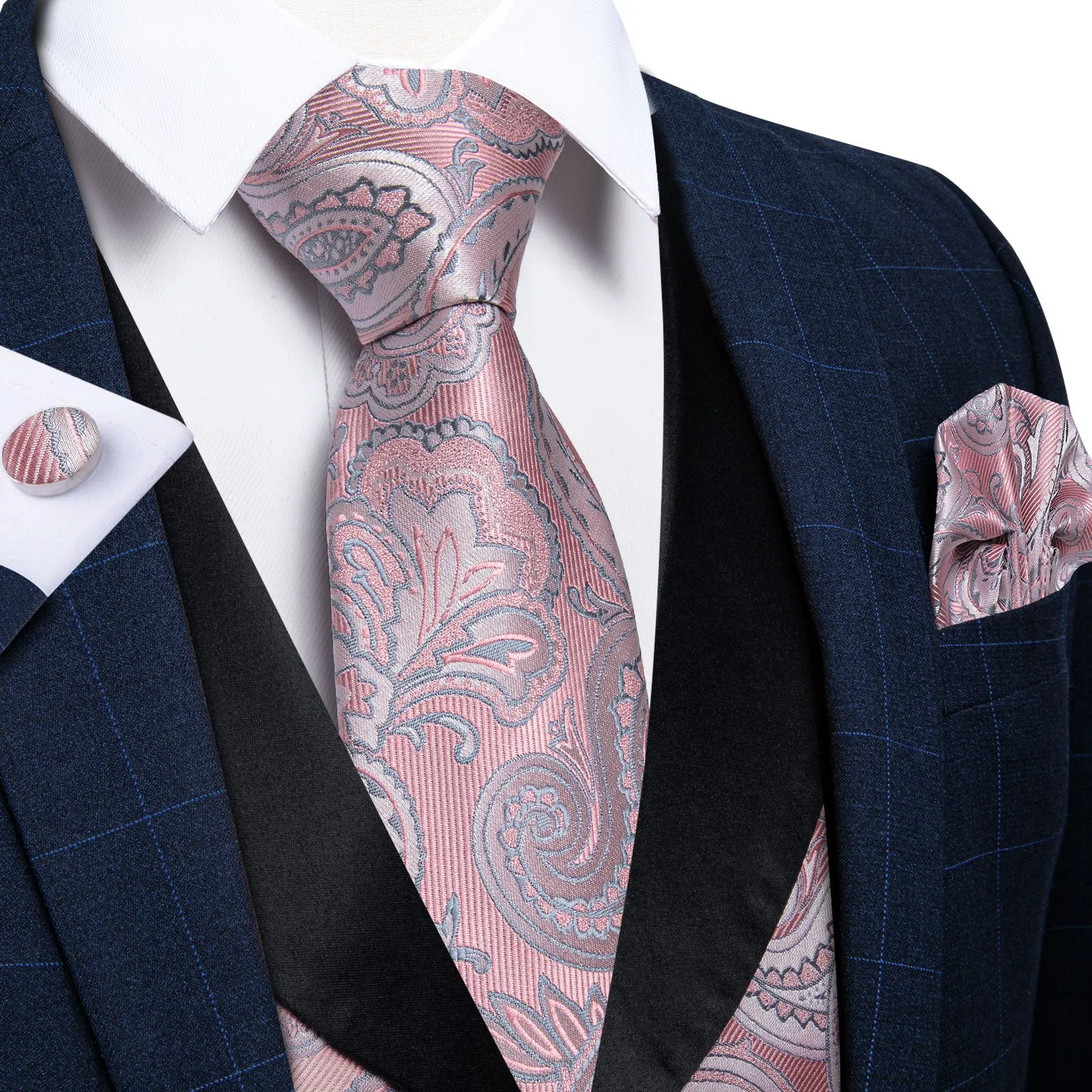 Fashion Black Collar Pink Paisley Jacquard Silk Men's Vest Hanky Cufflinks Tie Set