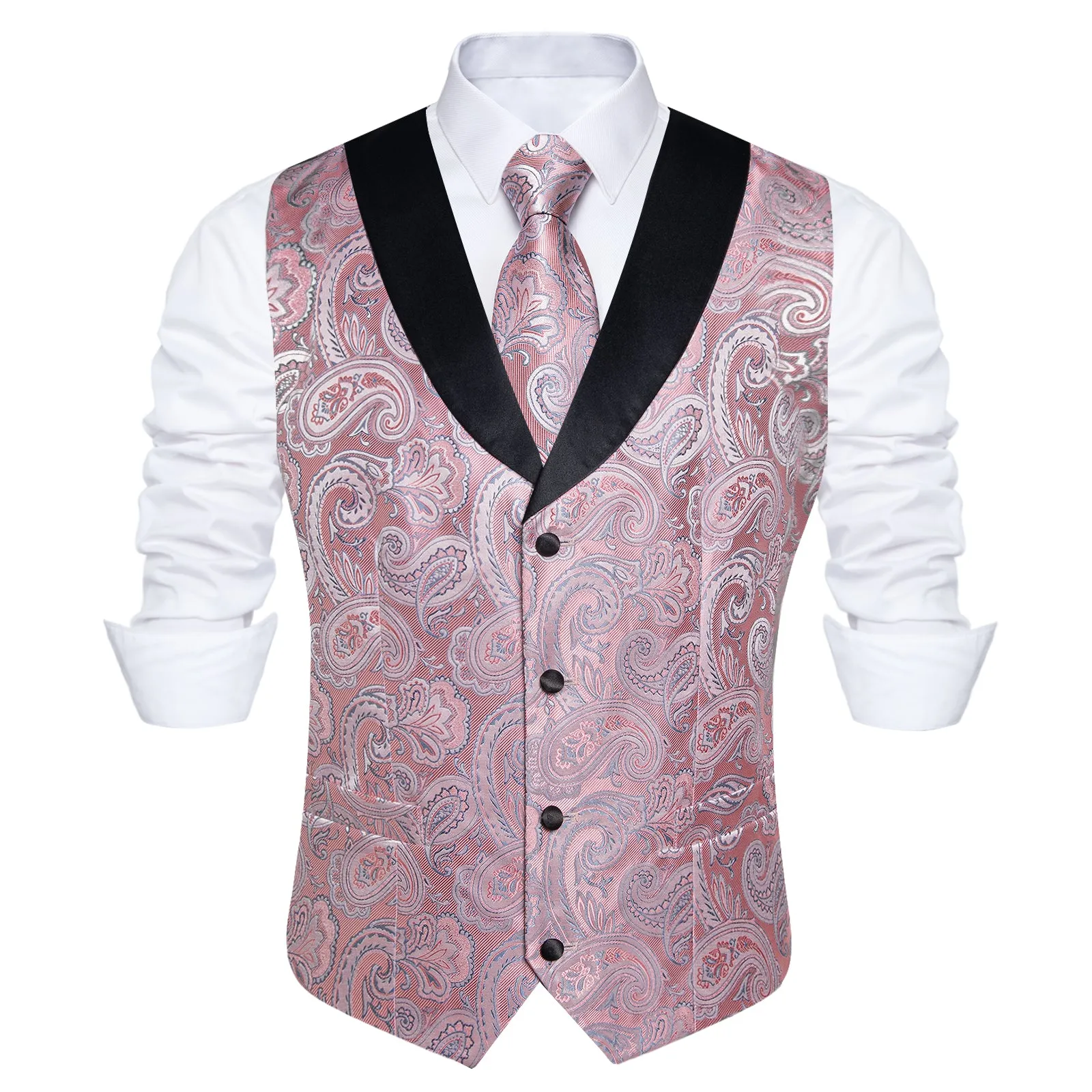 Fashion Black Collar Pink Paisley Jacquard Silk Men's Vest Hanky Cufflinks Tie Set