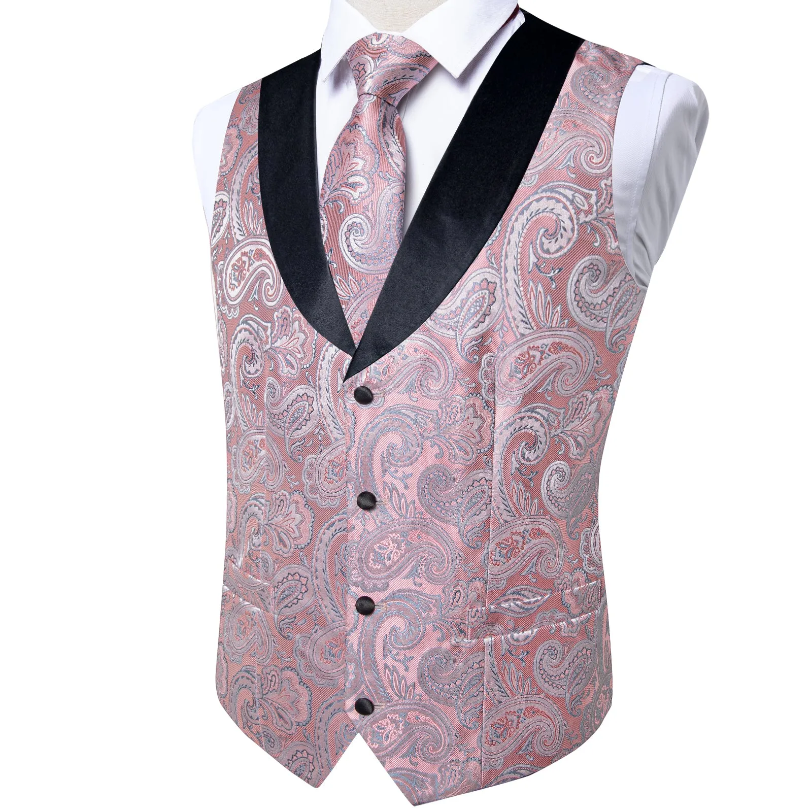 Fashion Black Collar Pink Paisley Jacquard Silk Men's Vest Hanky Cufflinks Tie Set