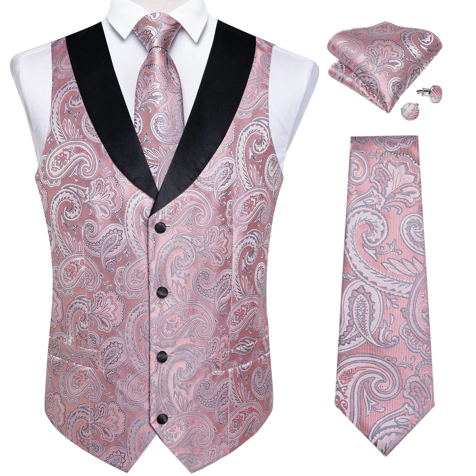 Fashion Black Collar Pink Paisley Jacquard Silk Men's Vest Hanky Cufflinks Tie Set