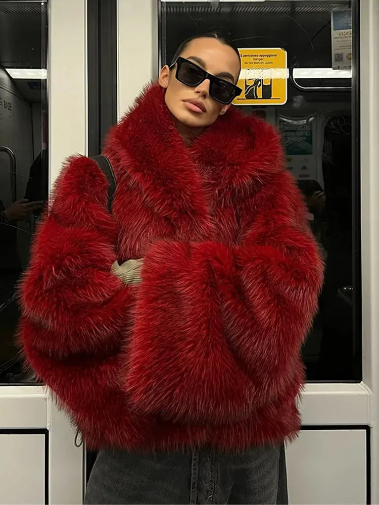 Fashionkova Christmas Gift Outfit  Fashion Red Warm Fluffy Long Sleeves Faux Fur Coat Elegant Hooded Solid Color Loose Short Jacket New Woman Winter Commuter Wear