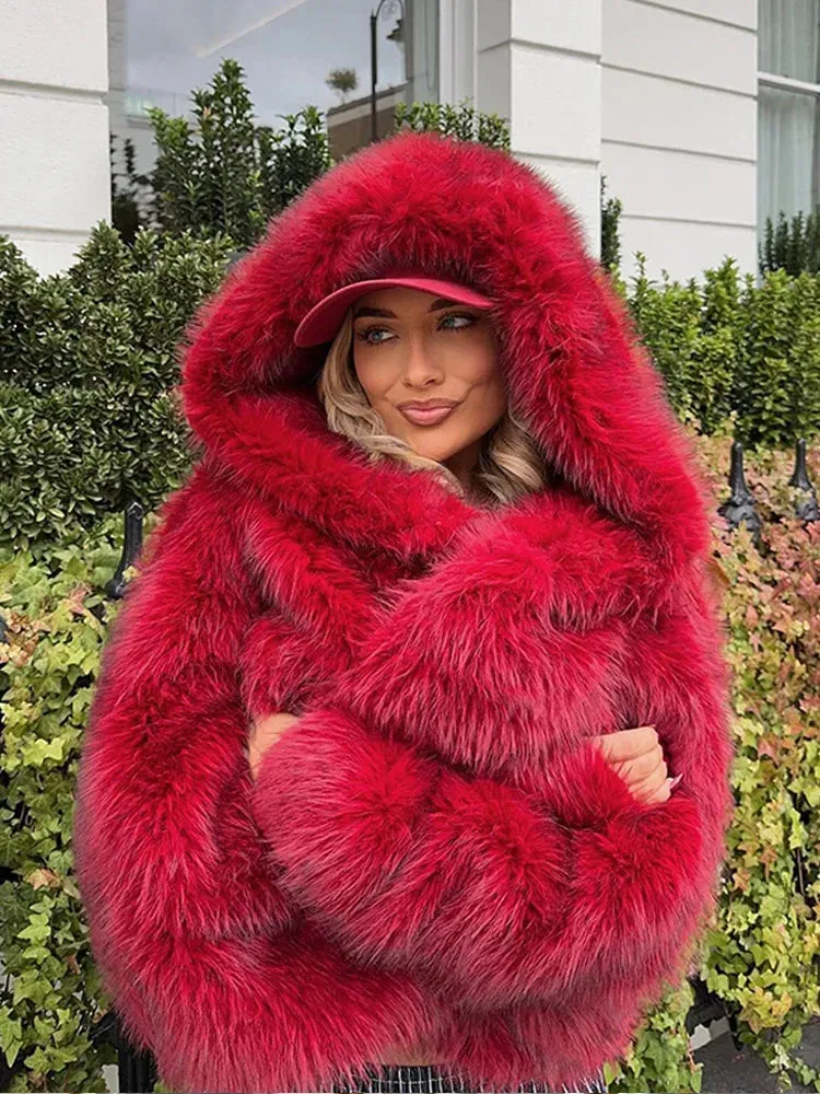 Fashionkova Christmas Gift Outfit  Fashion Red Warm Fluffy Long Sleeves Faux Fur Coat Elegant Hooded Solid Color Loose Short Jacket New Woman Winter Commuter Wear