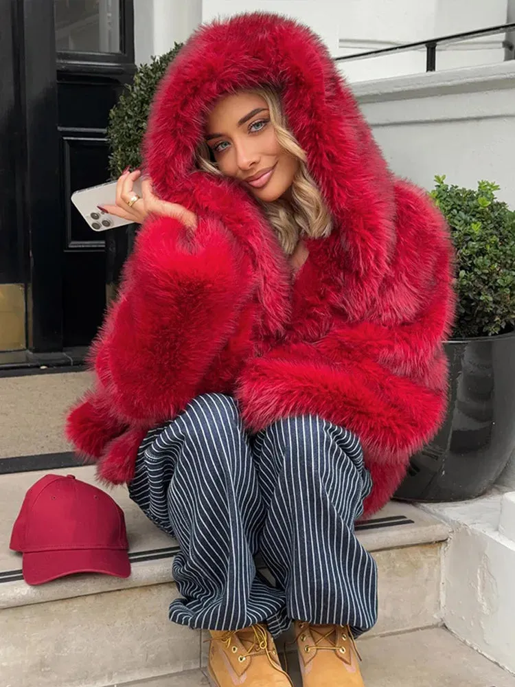 Fashionkova Christmas Gift Outfit  Fashion Red Warm Fluffy Long Sleeves Faux Fur Coat Elegant Hooded Solid Color Loose Short Jacket New Woman Winter Commuter Wear