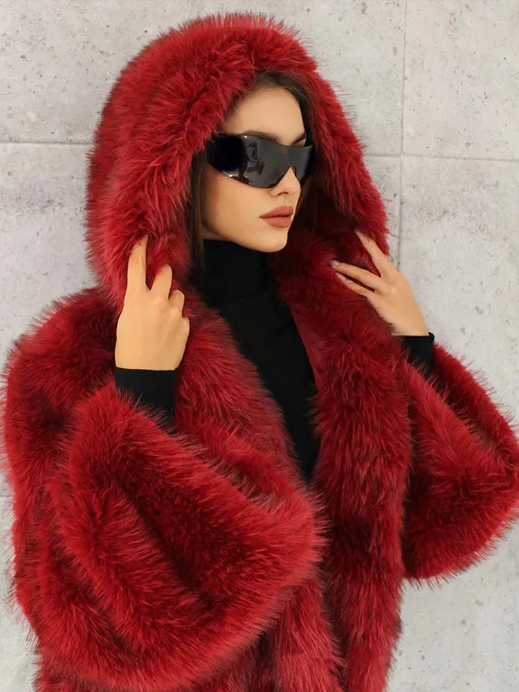 Fashionkova Christmas Gift Outfit  Fashion Red Warm Fluffy Long Sleeves Faux Fur Coat Elegant Hooded Solid Color Loose Short Jacket New Woman Winter Commuter Wear