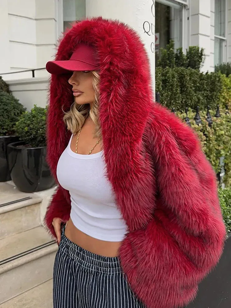 Fashionkova Christmas Gift Outfit  Fashion Red Warm Fluffy Long Sleeves Faux Fur Coat Elegant Hooded Solid Color Loose Short Jacket New Woman Winter Commuter Wear