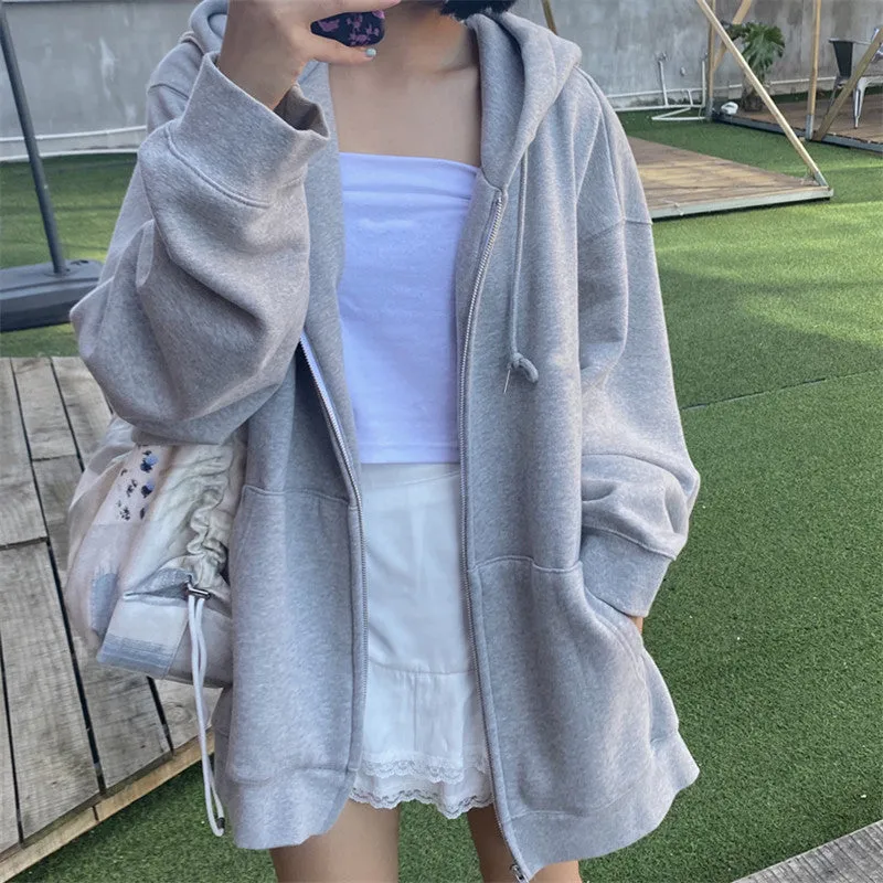 Fashionkova comfy school outfits Gray Hooded Sweater Women's New Loose Fleece-lined Casual Sports Jacket Autumn and Winter Long Sleeve Zipper Cardigan Top