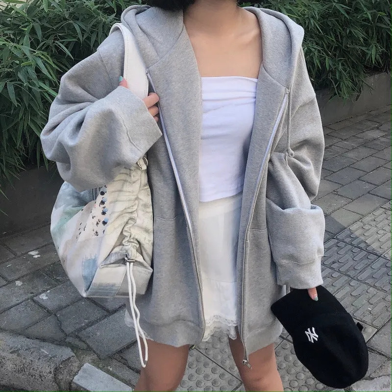 Fashionkova comfy school outfits Gray Hooded Sweater Women's New Loose Fleece-lined Casual Sports Jacket Autumn and Winter Long Sleeve Zipper Cardigan Top