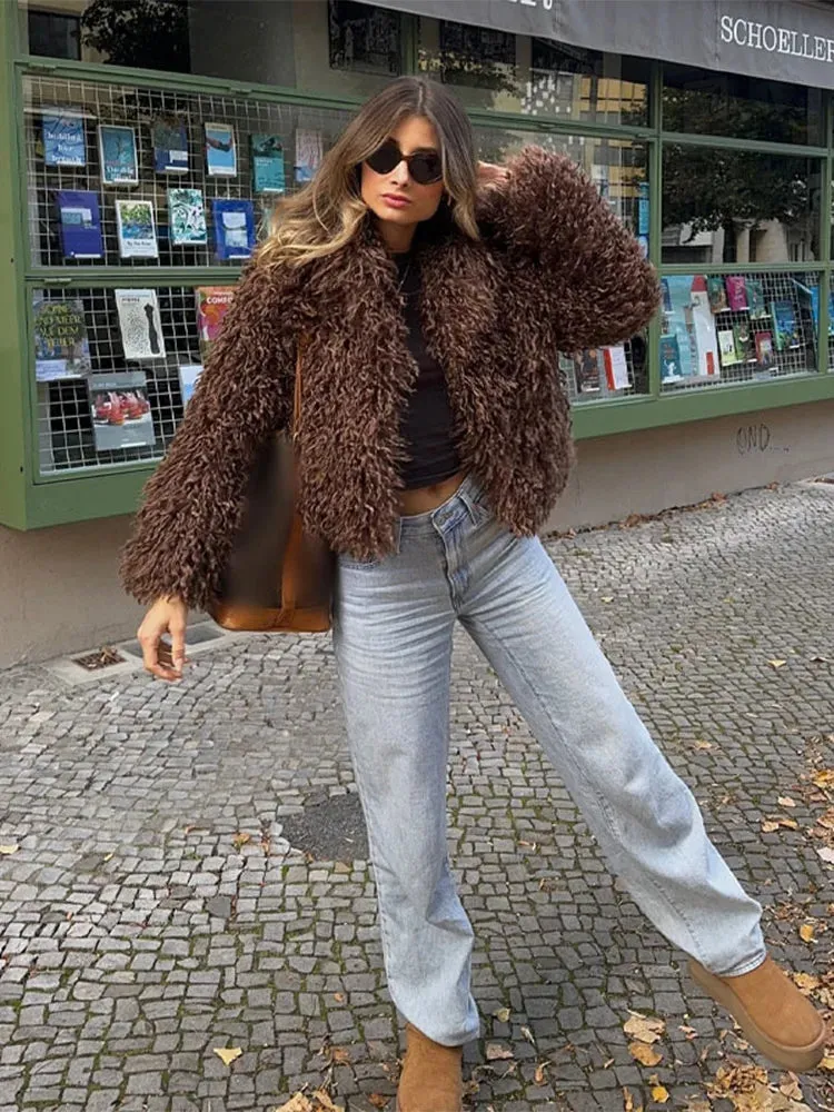 Fashionkova Fashion Brown Women Short Faux Fur Jacket Elegant Lapel Long Sleeve Fluffy Cardigan Coats Winter Lady Solid Warm Street Outwear