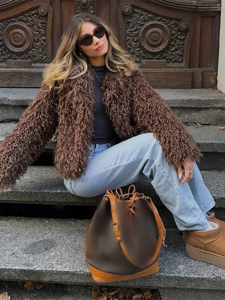 Fashionkova Fashion Brown Women Short Faux Fur Jacket Elegant Lapel Long Sleeve Fluffy Cardigan Coats Winter Lady Solid Warm Street Outwear