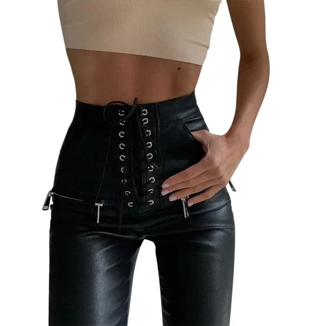 Faux Leather Pencil Pant Lace Up High Waist Slim Casual Trouser