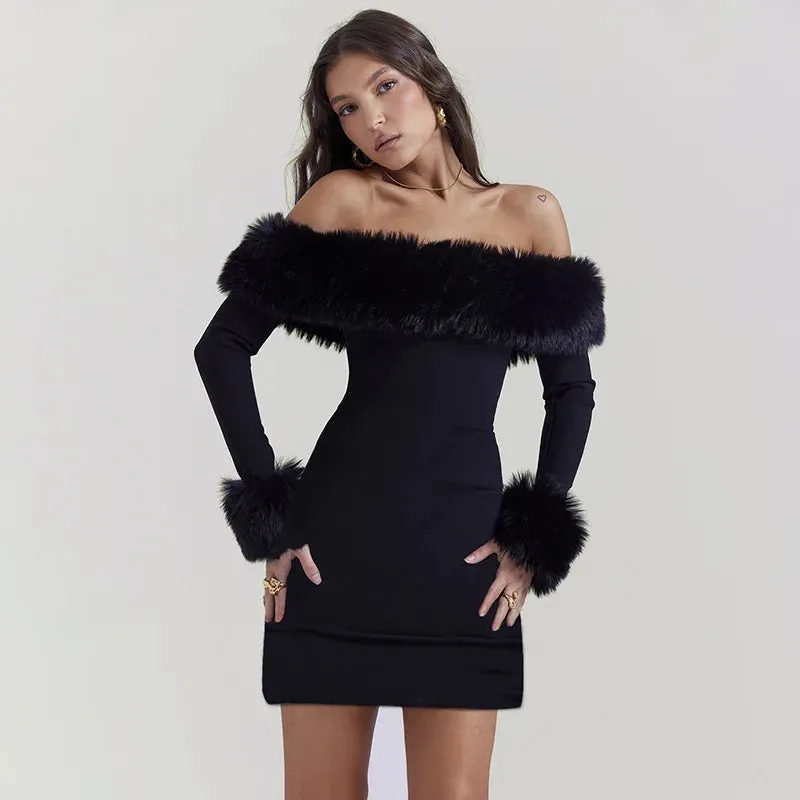 Feather Bodycon Off Shoulder Autumn Winter Backless Nightclub Sexy Party Mini Dress