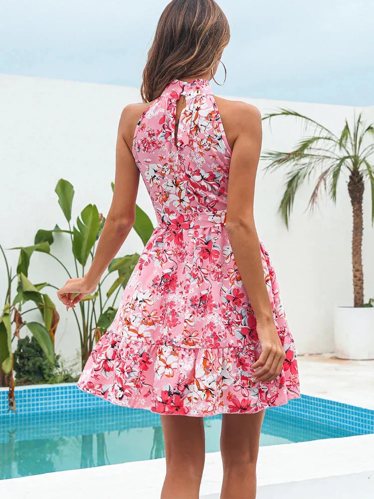 Floral Print Ruffle Bandage Pink Halter A-line Boho Dress for Women