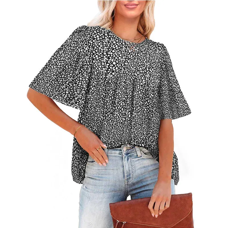 Floral Printed Boho Style Chiffon Summer Fashion Short Sleeve Loose Casual Streetwear Blouse for Women