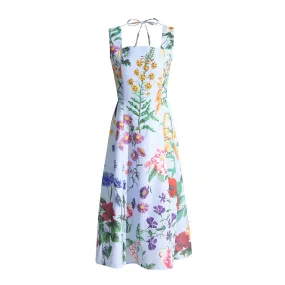 Floral Printing Vintage Camisole Dresses For Women Square Collar Sleeveless High Waist Spliced Lace Up Backless Dress Female