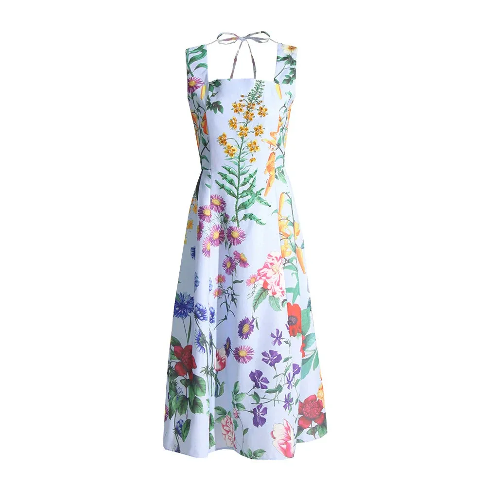 Floral Printing Vintage Camisole Dresses For Women Square Collar Sleeveless High Waist Spliced Lace Up Backless Dress Female