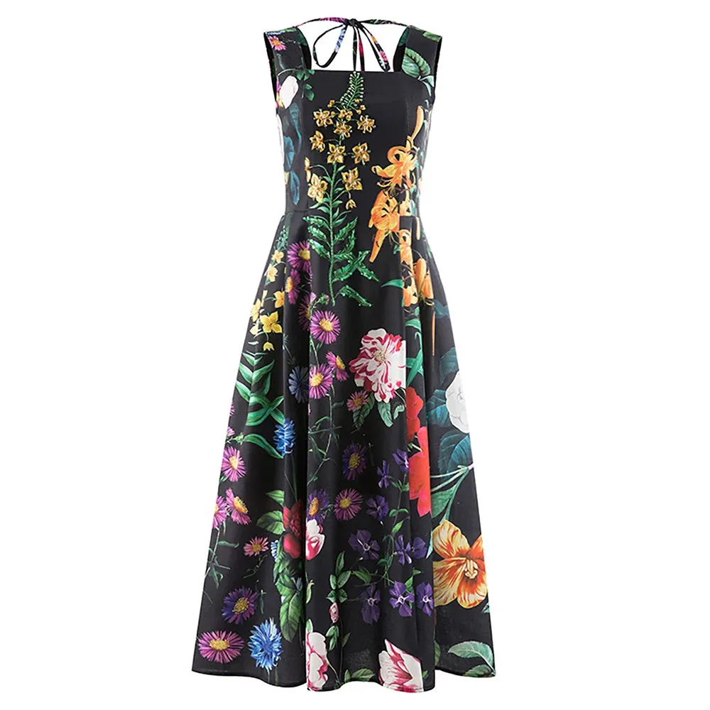 Floral Printing Vintage Camisole Dresses For Women Square Collar Sleeveless High Waist Spliced Lace Up Backless Dress Female