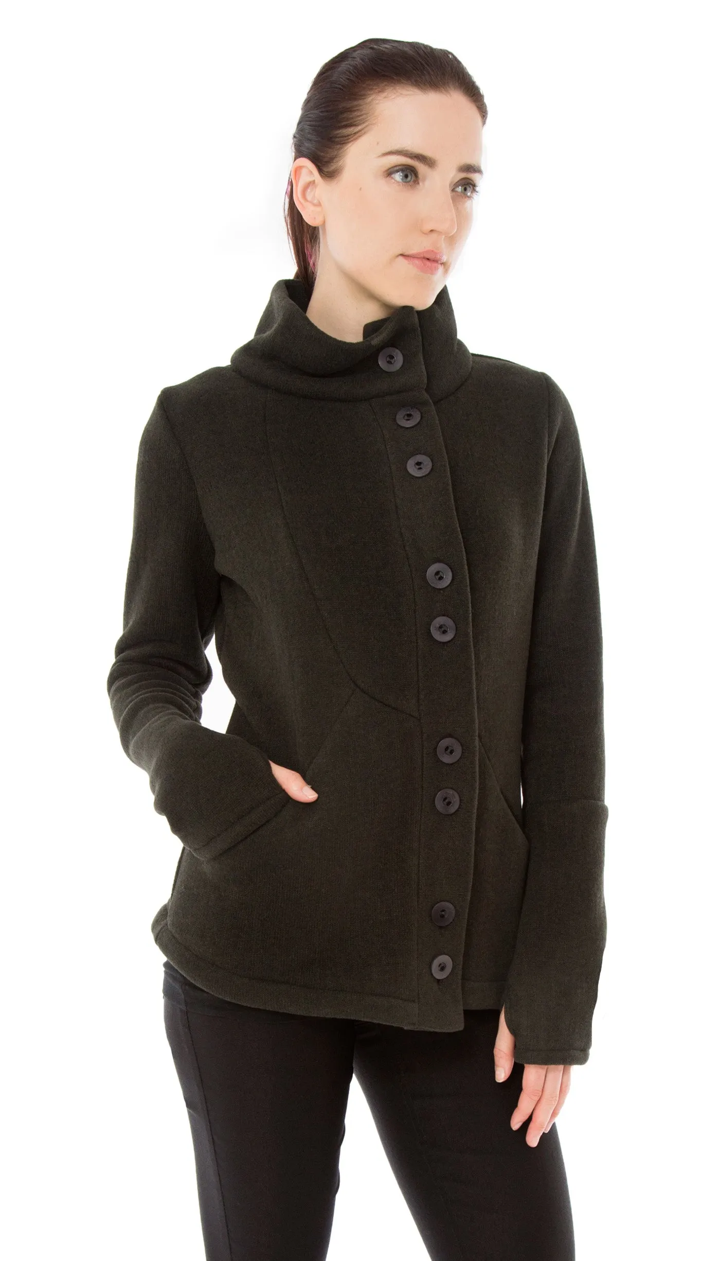 Funnel Neck Ribbed Fleece Cardigan Jacket: Bark