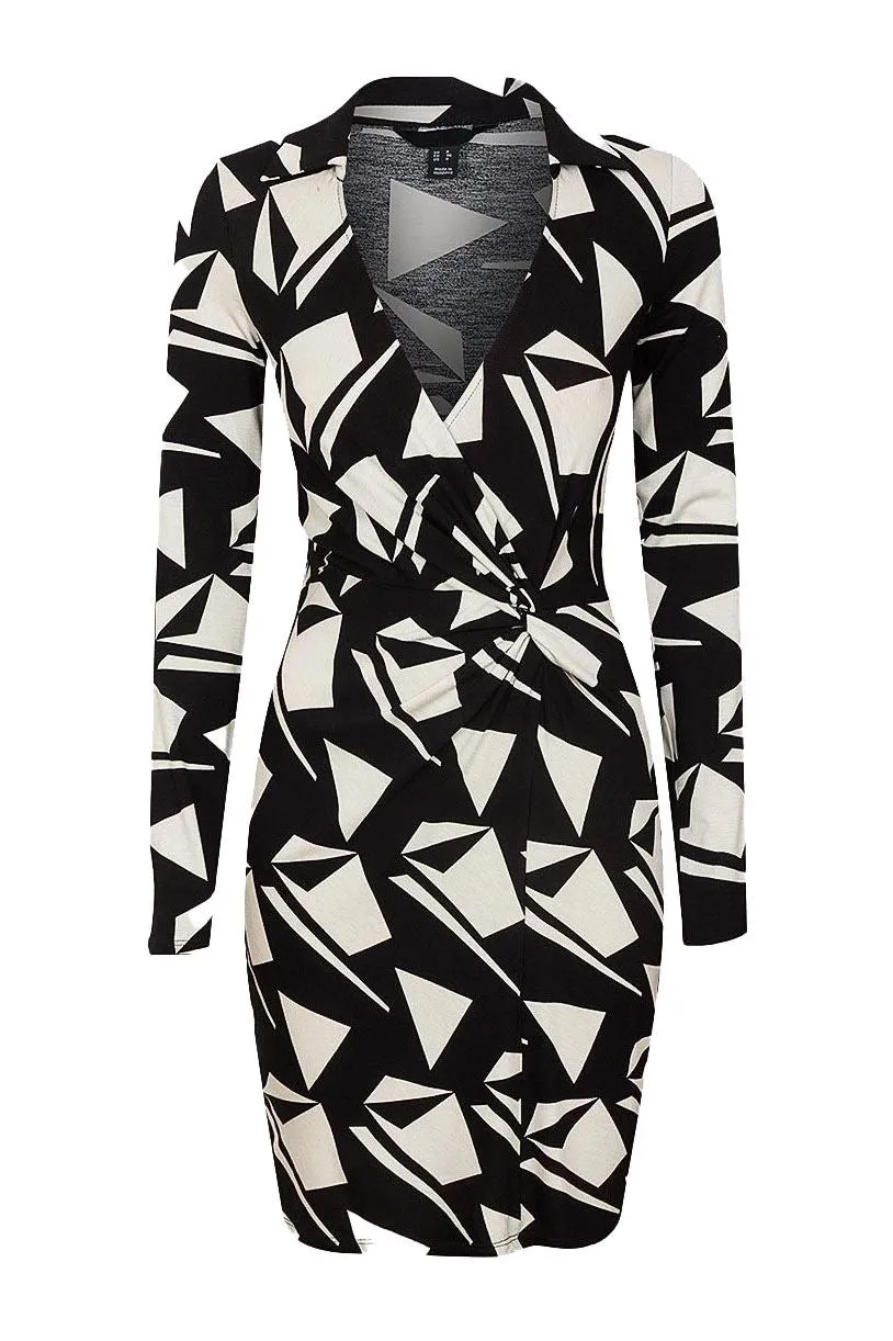 Geometric Open Collared Wrap Dress