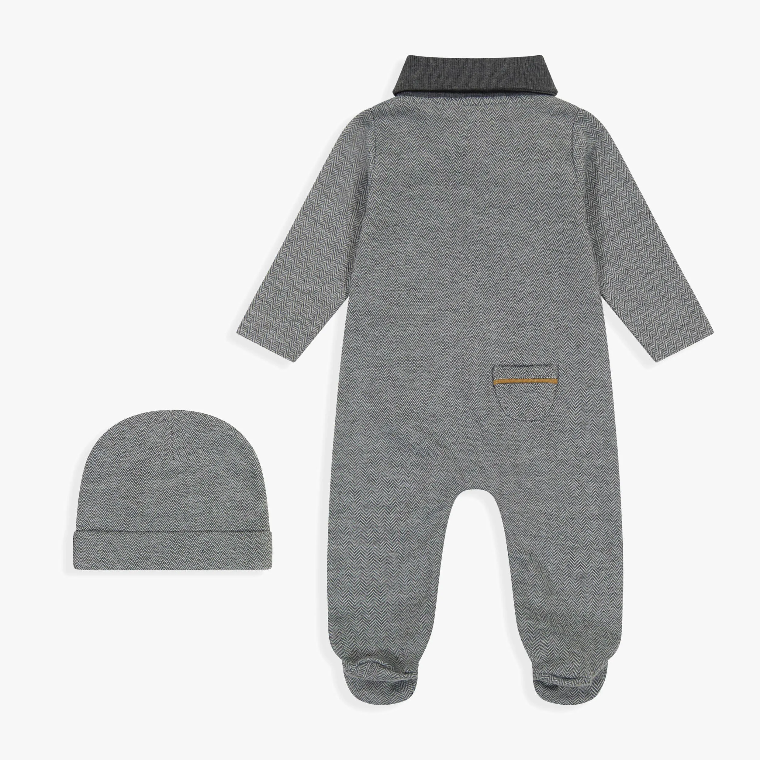 Grey Herringbone Footie & Hat Set