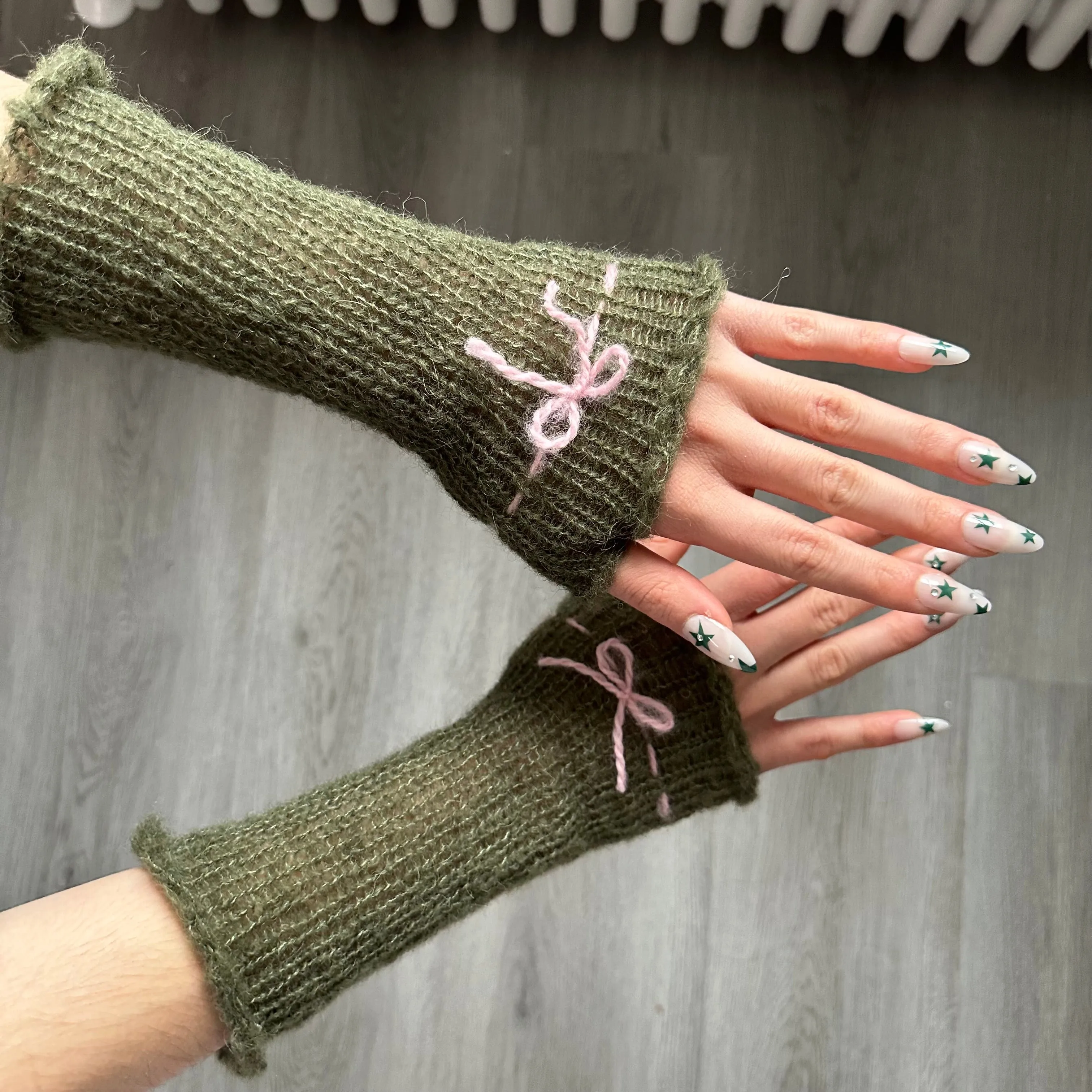 Handmade knitted mohair bow gloves in khaki green & baby pink - with thumb hole