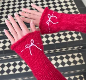 Handmade knitted mohair bow gloves in red & baby pink - with thumb hole