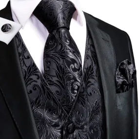 Hi-Tie Black Leaves Silk Mens Waistcoat Hanky Cufflinks Necktie Set