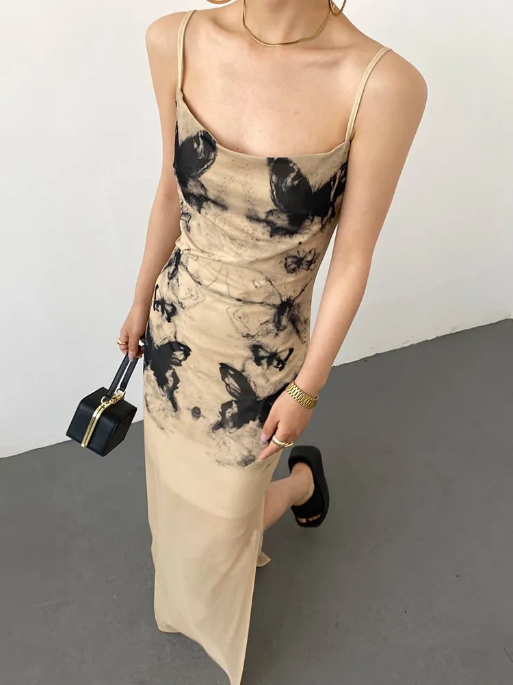 Hit Color Printing Dresses For Women Square Collar Sleeveless High Waist Elegant Camisole Dress Female Clothing