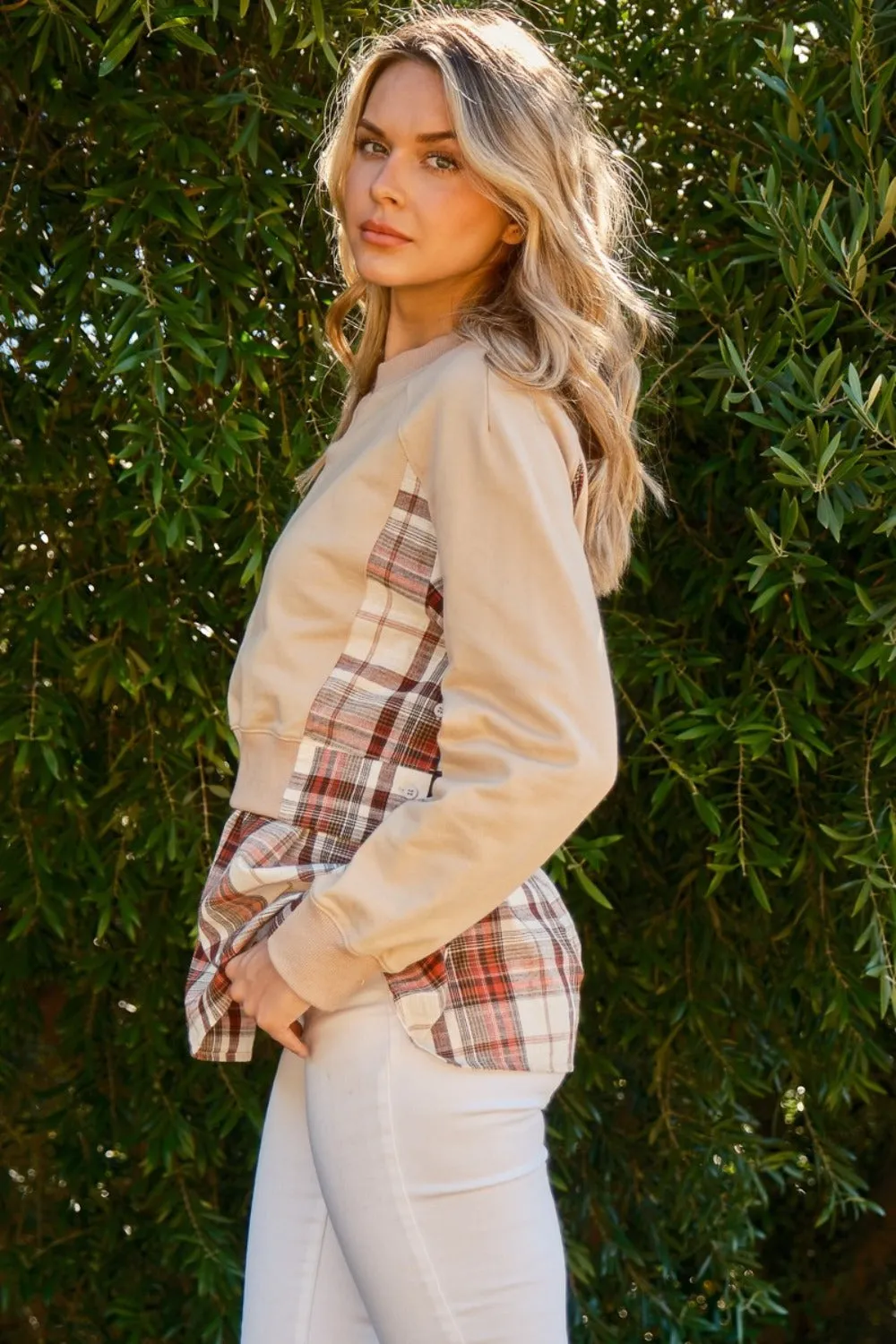 Hot Girl And The Why Double Layered Plaid Contrast Sweatshirt