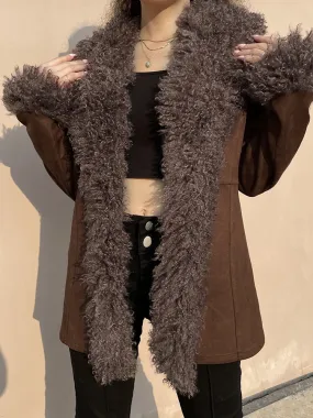 Joskaa HEYounGIRL Fur Collar Women Jacket Coat Fashion Retro Brown Street Outfits Fuzzy Suede Autumn Winter Overcoat Casual 90s Outwear