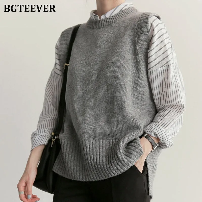 Joskaa New O-neck Knitted Vest Women Sweater Chic Loose Knitting Vest Pullovers Female Warm Knitting Jumpers Autumn