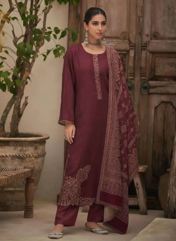 Kesar Unstitched Maroon Pashmina Winter Suit Material for Ladies