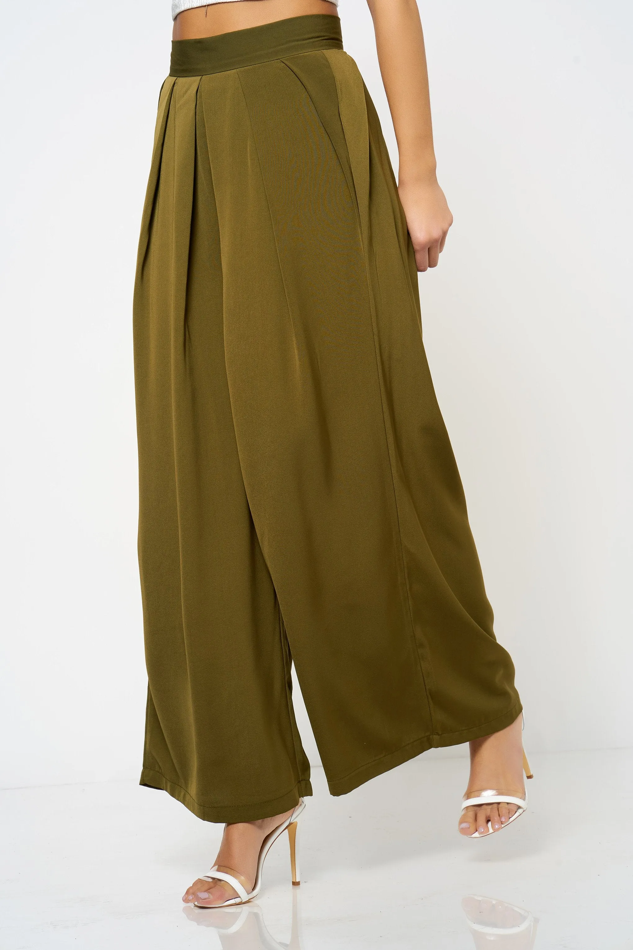 Khaki Pleated Wide Leg Trousers