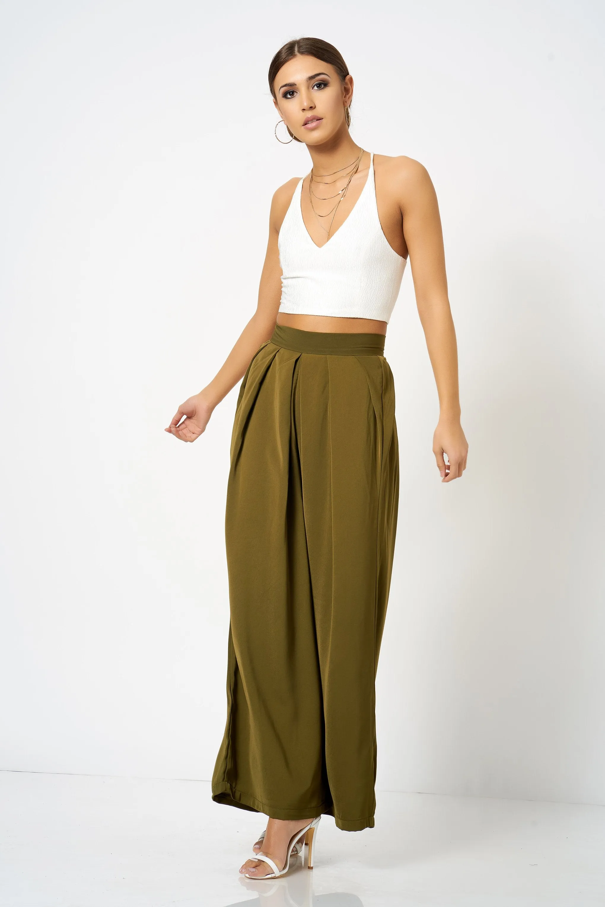 Khaki Pleated Wide Leg Trousers