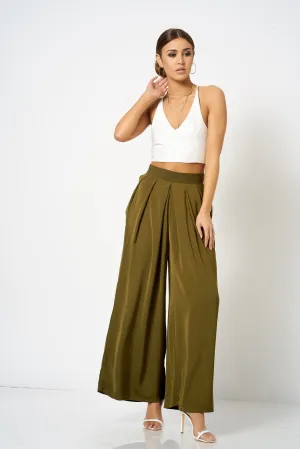 Khaki Pleated Wide Leg Trousers