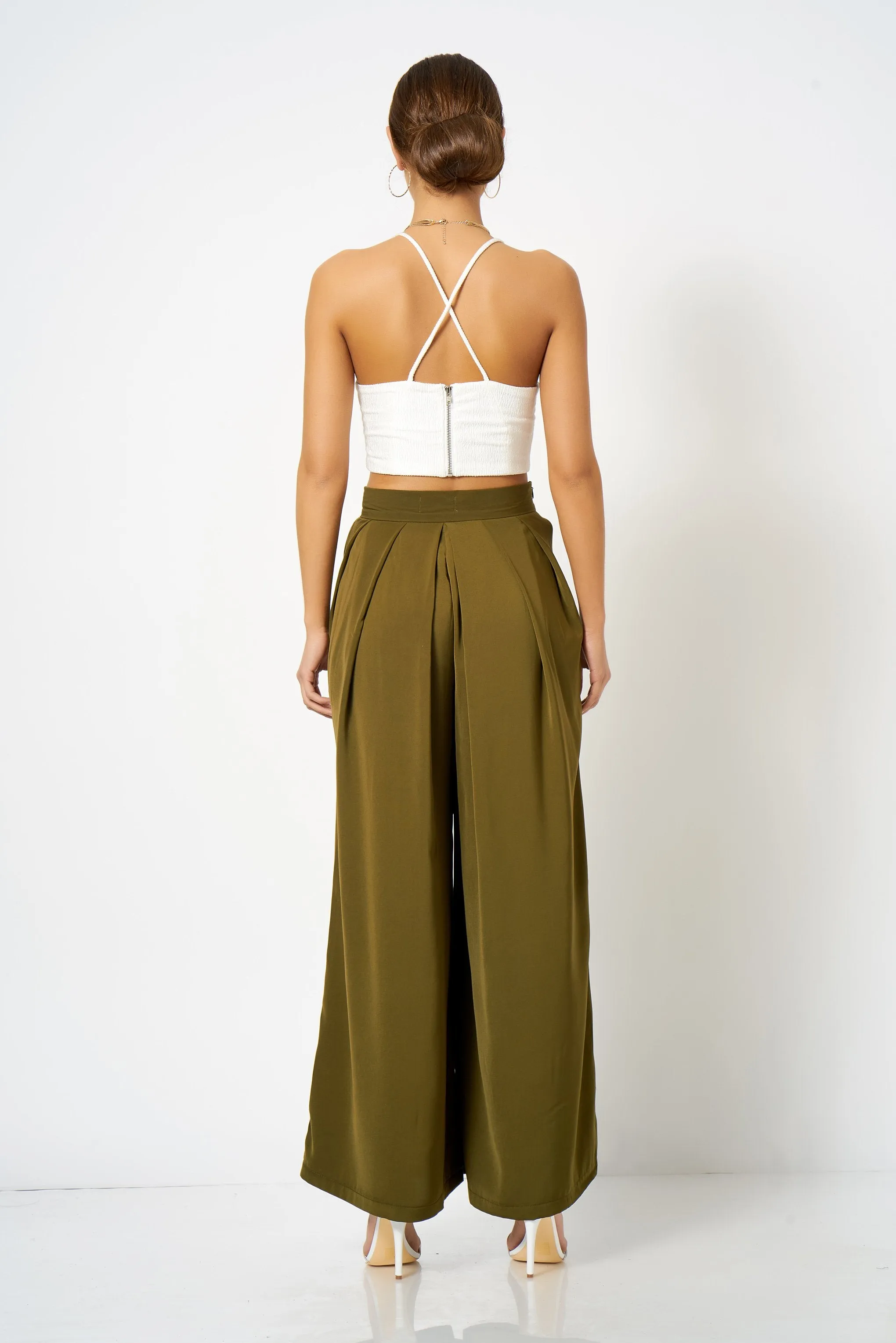 Khaki Pleated Wide Leg Trousers