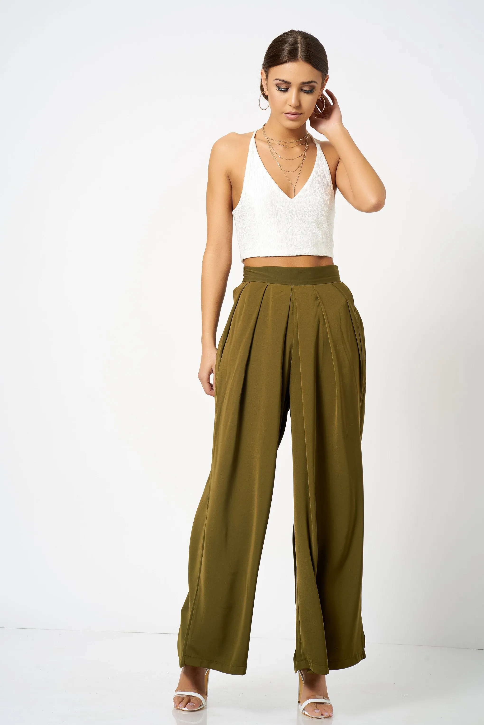 Khaki Pleated Wide Leg Trousers