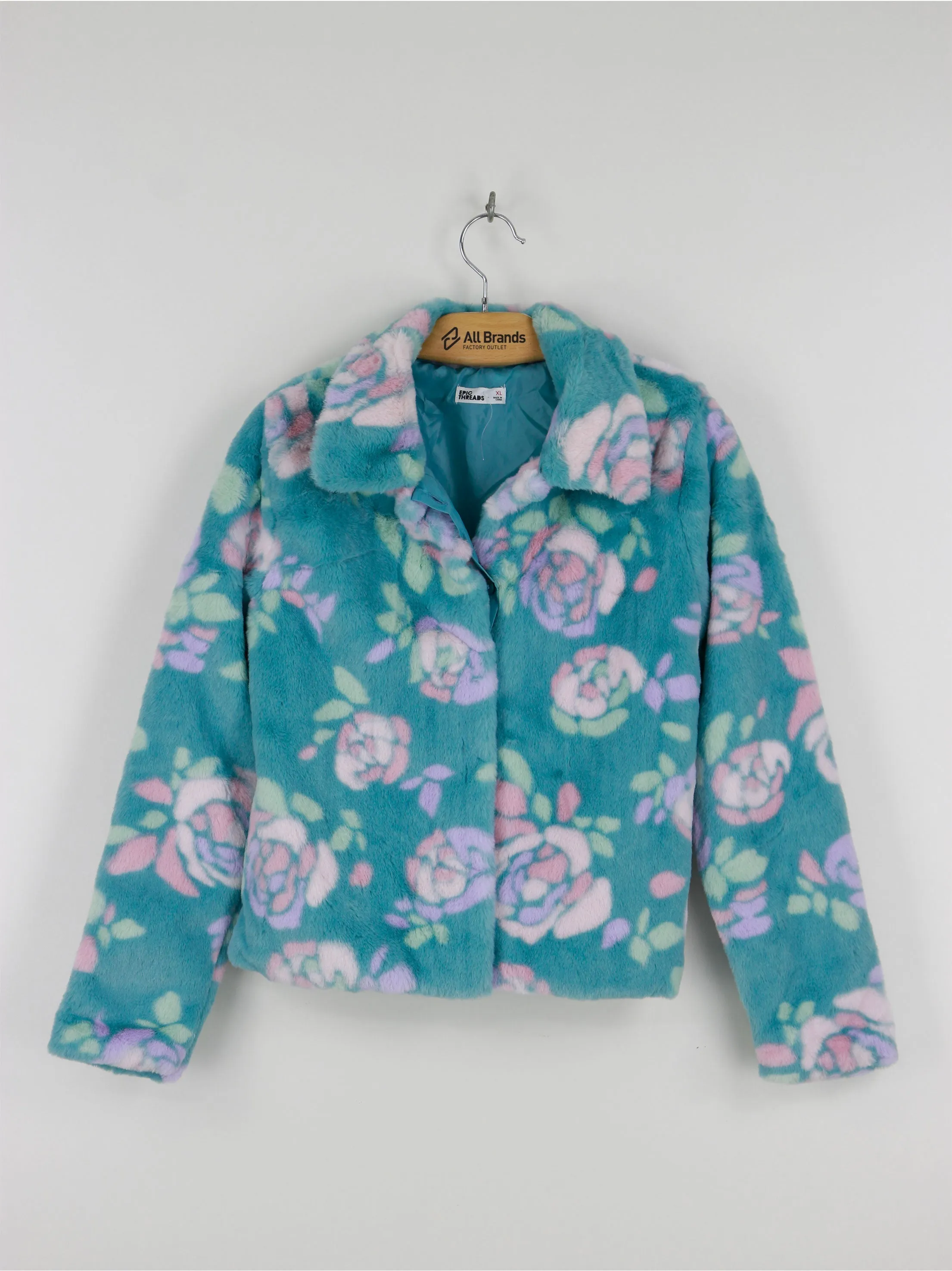 Kids Girl Rose-Print Faux-Fur Jacket,Turquoise