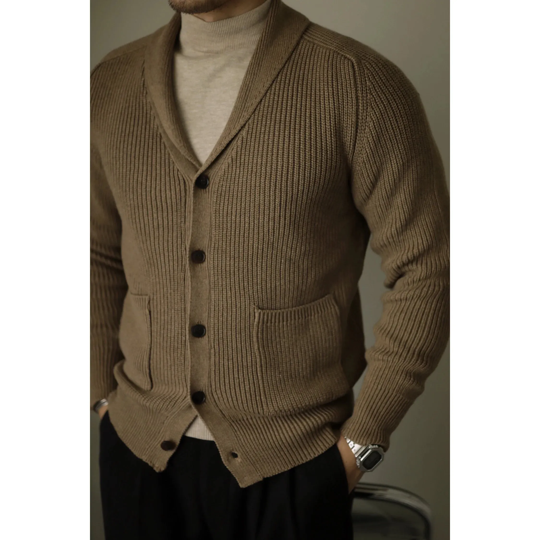 Knitted Cardigan for Men Shawl Collar Thick Warm Sweater - Retro Casual Pullover