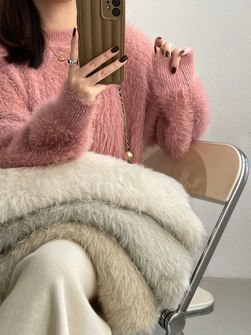 [Korean Style] 4 Color Round Neck Mohair Fluffy Pullover Thick Sweater