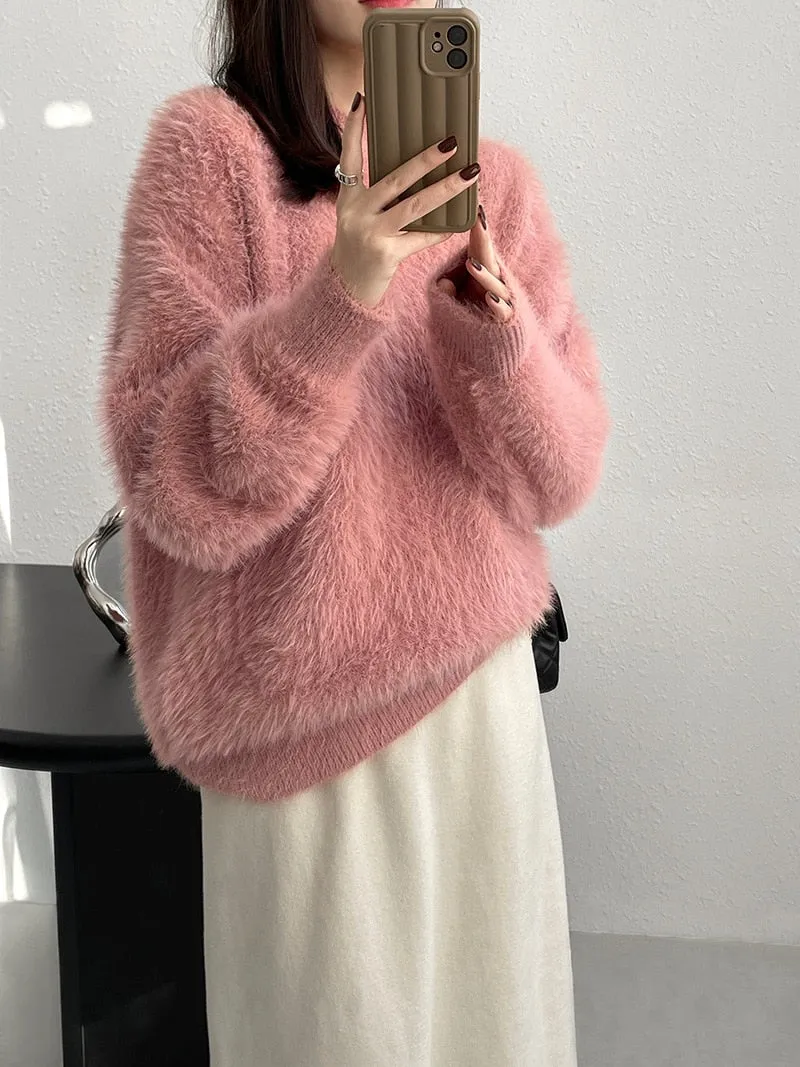 [Korean Style] 4 Color Round Neck Mohair Fluffy Pullover Thick Sweater