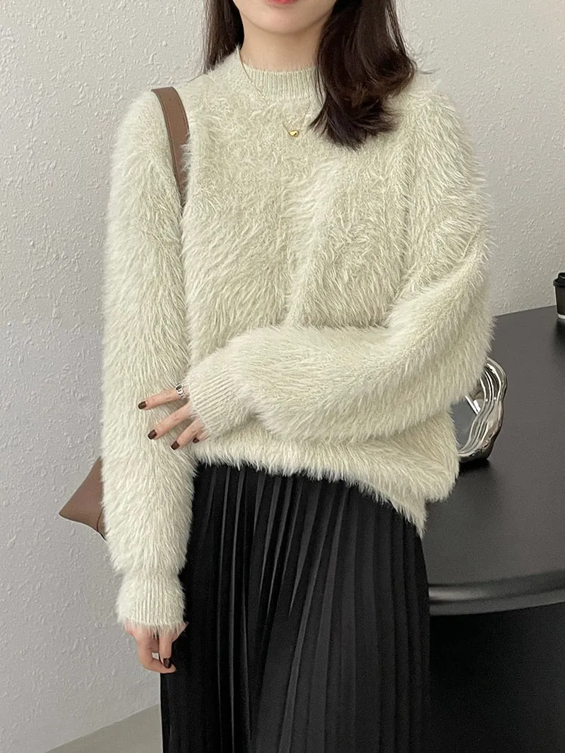 [Korean Style] 4 Color Round Neck Mohair Fluffy Pullover Thick Sweater