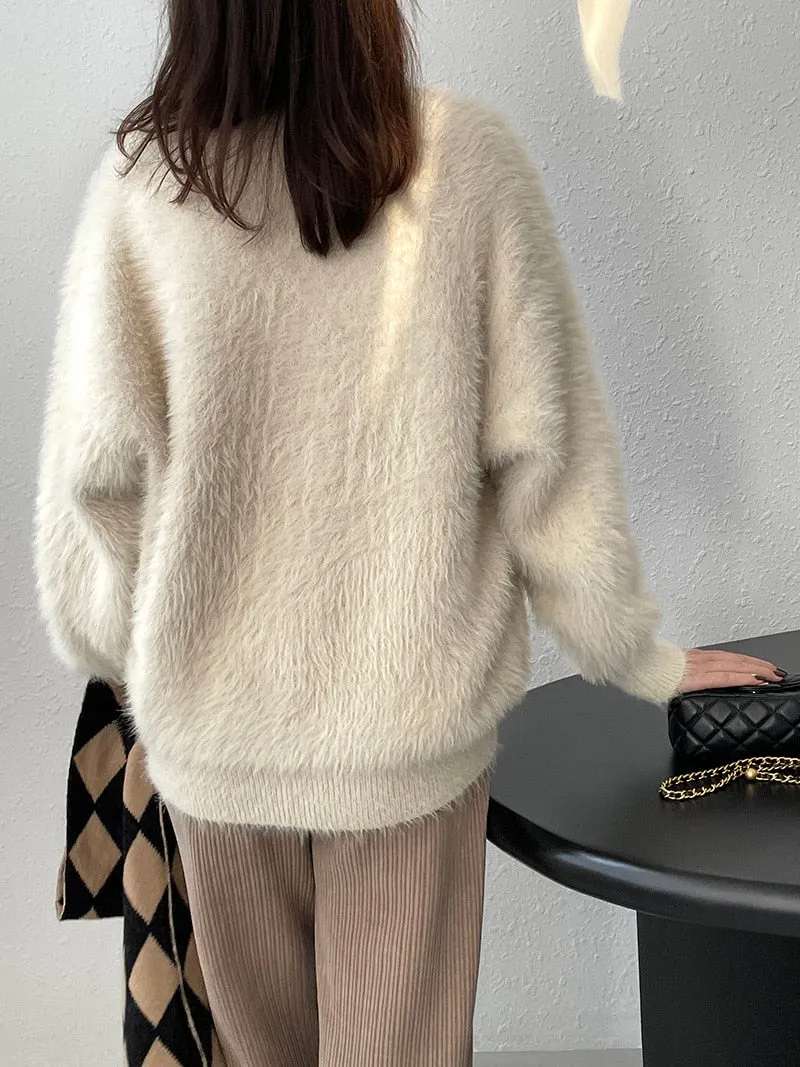 [Korean Style] 4 Color Round Neck Mohair Fluffy Pullover Thick Sweater