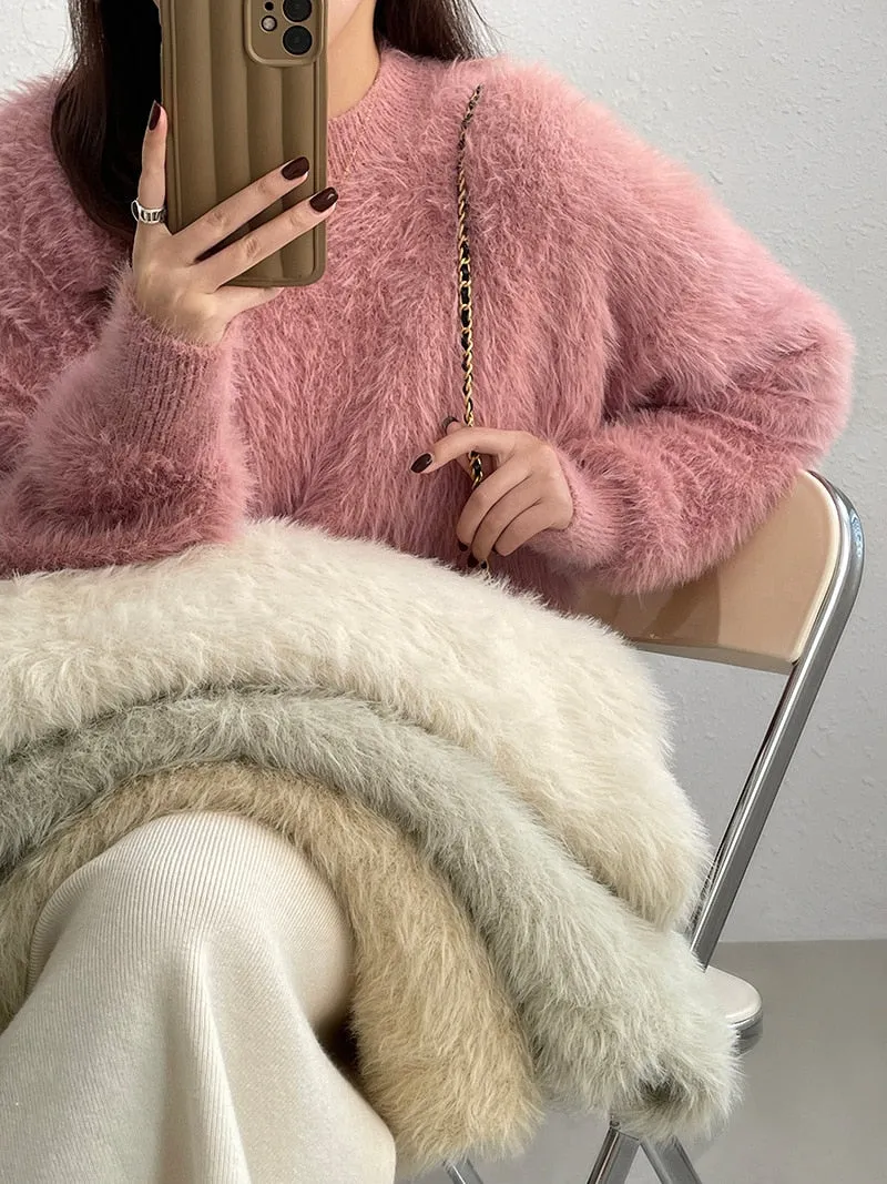 [Korean Style] 4 Color Round Neck Mohair Fluffy Pullover Thick Sweater