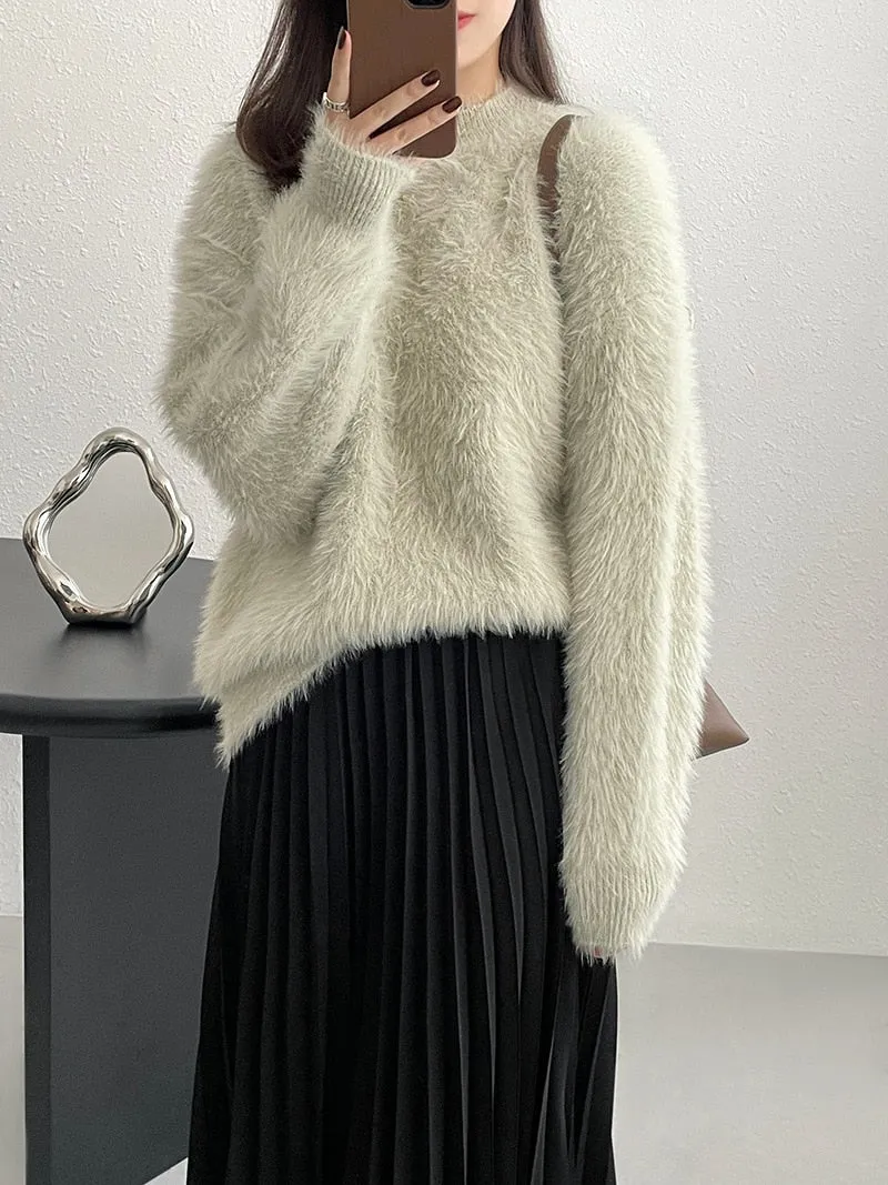 [Korean Style] 4 Color Round Neck Mohair Fluffy Pullover Thick Sweater